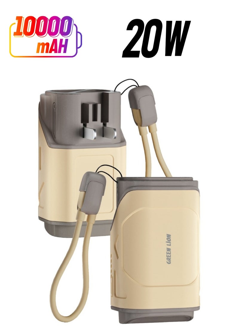 GREEN LION - Power Bank 10000mAh Trave-X with Foldable AC Plug / Type-C/Lightning/USB-A Port / Reliable Charging / Compact and Lightweight / Easy to Carry / Dual Power Mode - Beige - Image 1