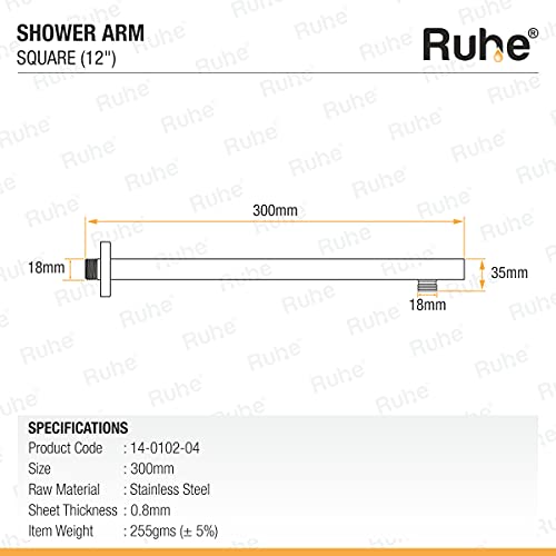 Ruhe® 12 Inches Premium Grade Stainless Steel Square Shower Arm with Flange - Image 4
