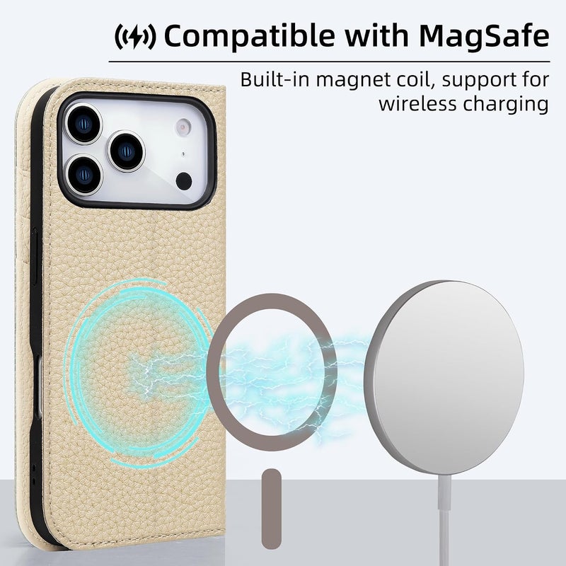 VISOUL Genuine Leather Wallet Case for iPhone 17 Air 6.5-inch 5G 2025, RFID Blocking, Magnetic, Wireless Charging, 3 Card Holders, Kickstand, Shockproof TPU Shell, Protective-White - Image 2