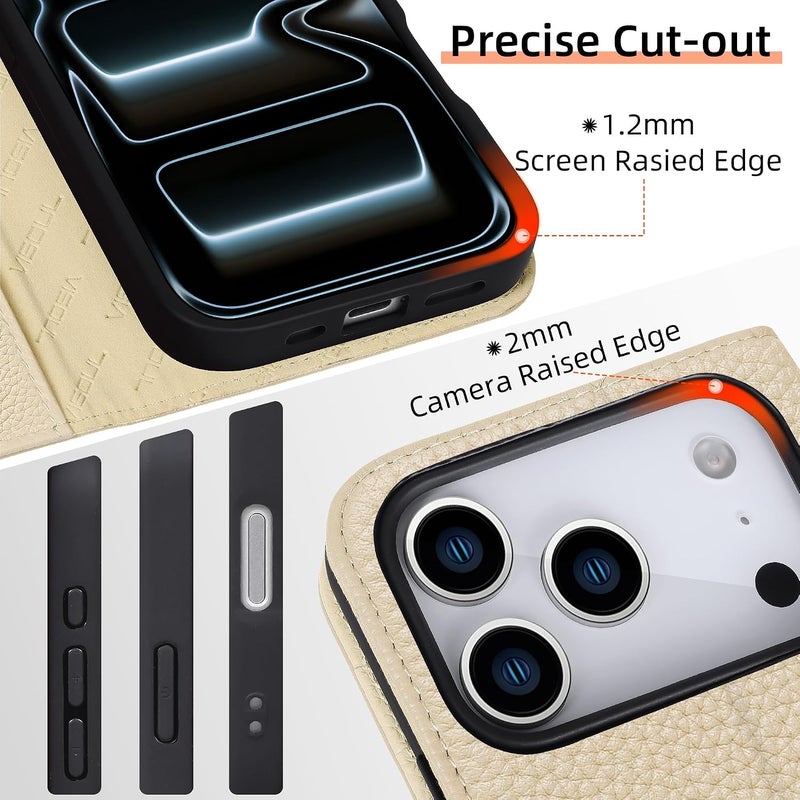 VISOUL Genuine Leather Wallet Case for iPhone 17 Air 6.5-inch 5G 2025, RFID Blocking, Magnetic, Wireless Charging, 3 Card Holders, Kickstand, Shockproof TPU Shell, Protective-White - Image 3