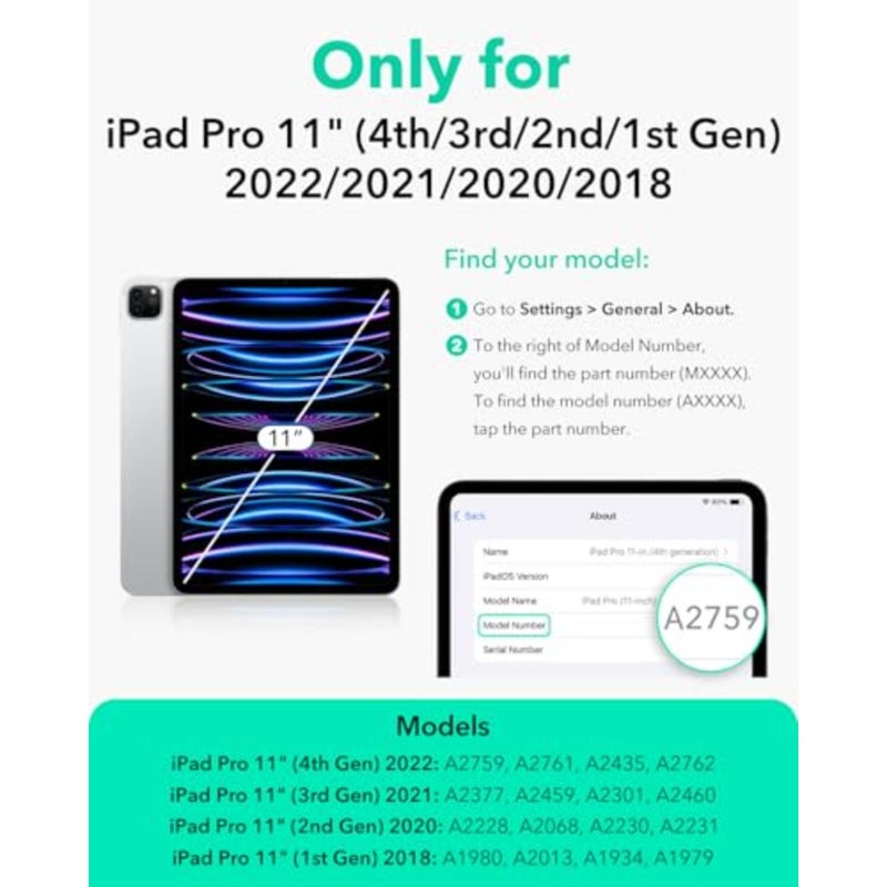 حافظة iPad Pro مقاس 11 بوصة لموديلات 2022/2021/2020/2018، جلد PU فاخر، أسود، غطاء مغناطيسي قابل للفصل مع حامل قابل للتعديل بـ 9 زوايا وحماية شاشة مرتفعة - Image 2