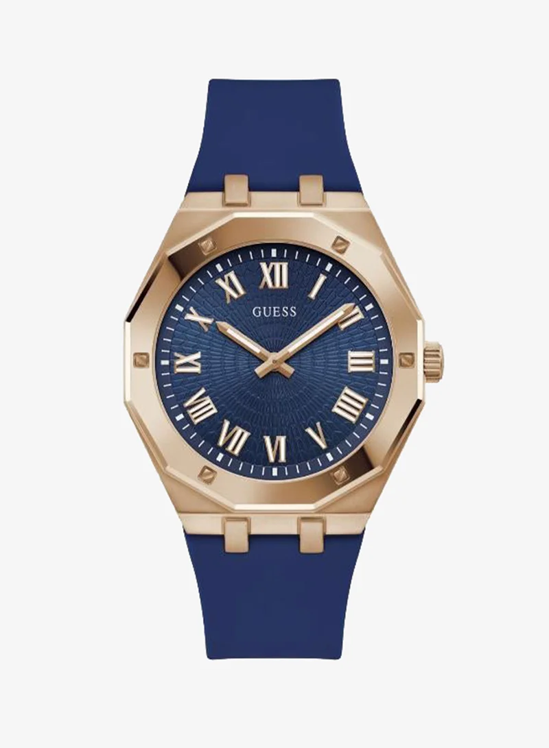 GUESS Mens Blue Rose Gold Tone Analog Watch