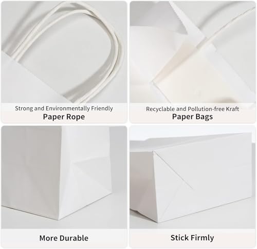 RACETOP White Paper Bags with Handles Bulk 8"x4.5"x10.8" 100Pcs Gift Bags Medium Size, White Gift Bags with Handles, Gift Bag Bulk for Retail, Party, Shopping, Merchandise - Image 3