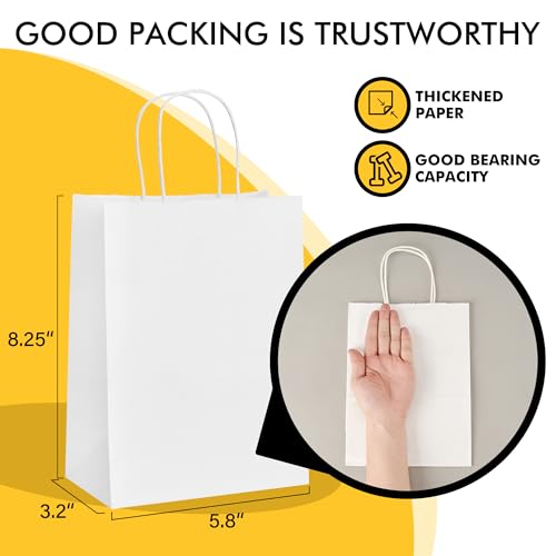 RACETOP White Paper Bags with Handles Bulk 8"x4.5"x10.8" 100Pcs Gift Bags Medium Size, White Gift Bags with Handles, Gift Bag Bulk for Retail, Party, Shopping, Merchandise - Image 2