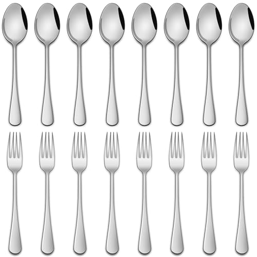 Dehov Salad Forks And Teaspoon,6.7 Inches Stainless Steel Dessert Spoons And Forks,Set Of 16 Dishwasher Safe Silverware Fork And Spoon For Home,Restaurant - Image 1