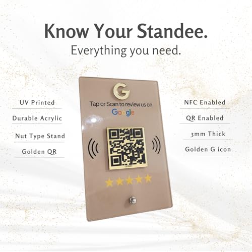 tinydabba NFC & QR Tap or Scan Standee for Business | Shops, Clinics, Salons, Restaurants | Golden QR With Integrated NFC - Acrylic Standee - Image 3