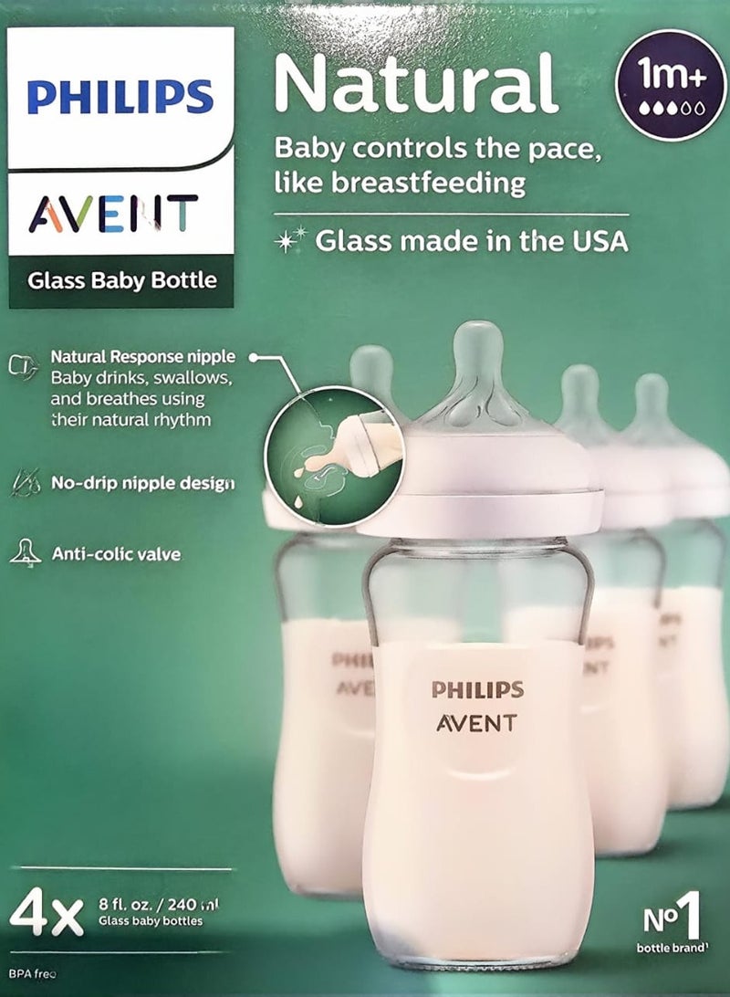 Avent Philips AVENT Glass Pack Of 4 Natural Baby Bottle with Natural Response, Clear, 240ml - Image 2