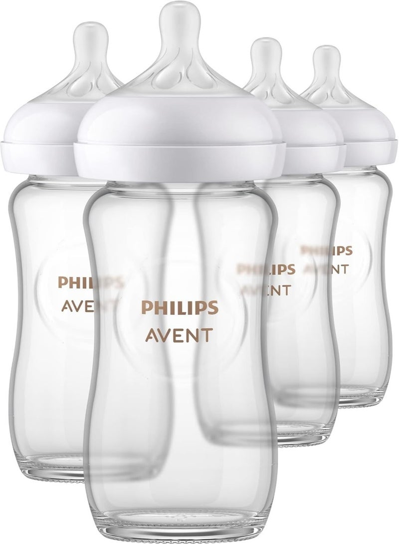 Avent Philips AVENT Glass Pack Of 4 Natural Baby Bottle with Natural Response Nipples (Medium Flow, Flow 3), 3-6M, Clear, 240ml - Image 3