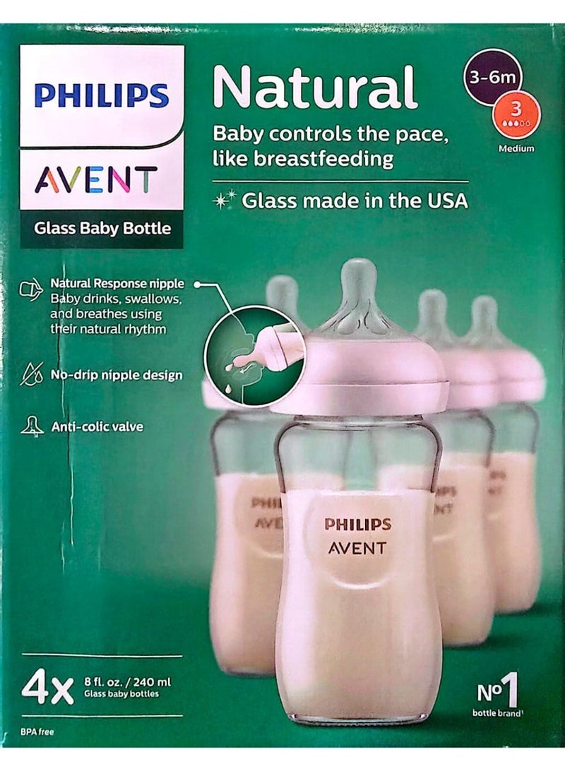 Avent Philips AVENT Glass Pack Of 4 Natural Baby Bottle with Natural Response Nipples (Medium Flow, Flow 3), 3-6M, Clear, 240ml - Image 2