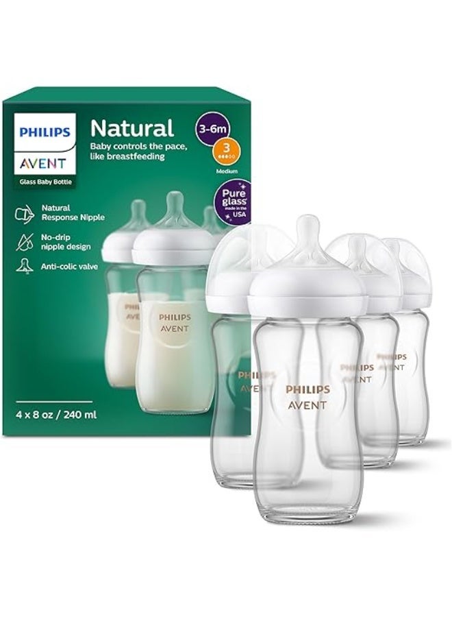 Avent Philips AVENT Glass Pack Of 4 Natural Baby Bottle with Natural Response Nipples (Medium Flow, Flow 3), 3-6M, Clear, 240ml - Image 1