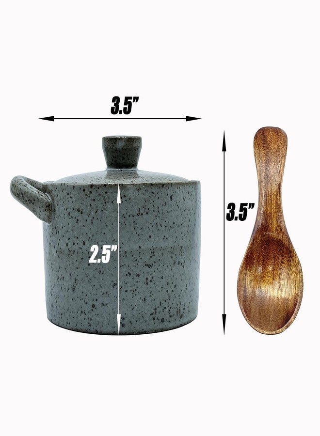 YILUSHENGHUA وعاء ملح سيراميك من ييلوشينغوا سعة 8 أونصات مع غطاء وملعقة خشبية، وعاء ملح للطاولة، وعاء سكر، برطمان توابل | ديكور مطبخ حرفي (رمادي) - Image 2