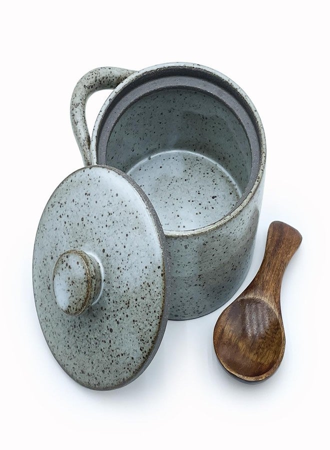 YILUSHENGHUA وعاء ملح سيراميك من ييلوشينغوا سعة 8 أونصات مع غطاء وملعقة خشبية، وعاء ملح للطاولة، وعاء سكر، برطمان توابل | ديكور مطبخ حرفي (رمادي) - Image 3