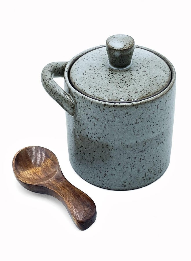 YILUSHENGHUA وعاء ملح سيراميك من ييلوشينغوا سعة 8 أونصات مع غطاء وملعقة خشبية، وعاء ملح للطاولة، وعاء سكر، برطمان توابل | ديكور مطبخ حرفي (رمادي) - Image 5