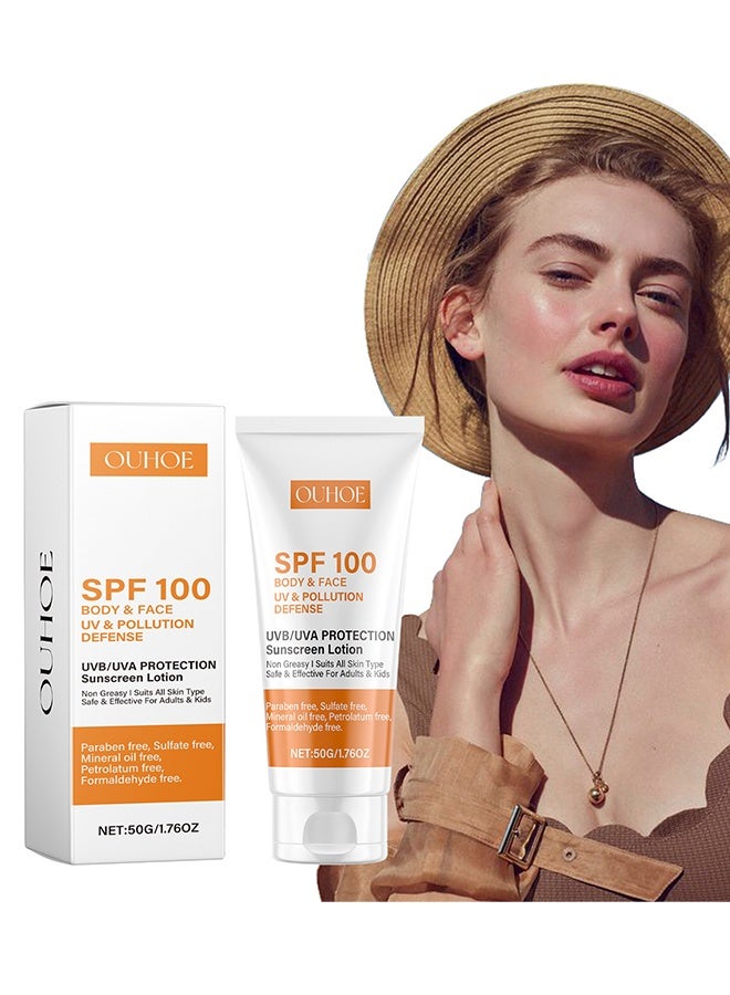 OUHOE UVB/UVA Protection Sunscreen Lotion,BODY & FACE Sunscreen Lotion,Vitamin E SPF 100 UVA/UVB Protection,Very Water & Sweat Resistant Lightweight ,Non Greasy Quick Absorption Protection from Skin burn Damage 50G - Image 1