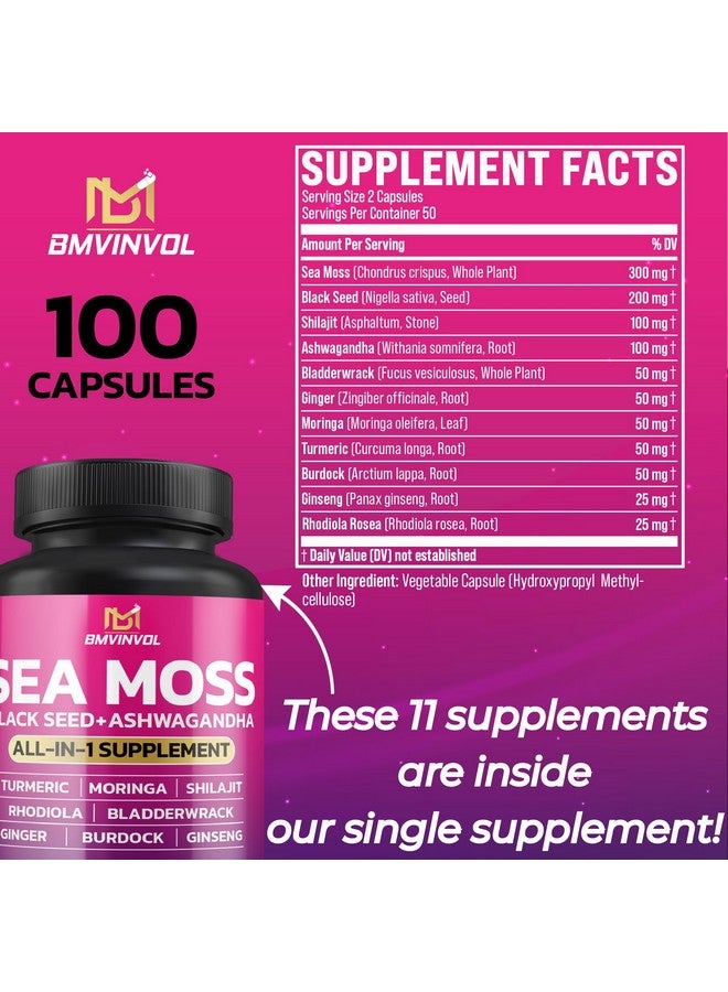 BMVINVOL BMVINVOL Sea Moss Black Seed Shilajit Ashwagandha + Bladderwrack, Ginger, Moringa, Turmeric, Burdock, Ginseng, Rhodiola Rosea - 100 Capsules - Image 2
