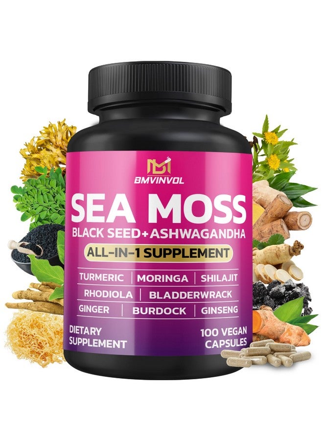 BMVINVOL BMVINVOL Sea Moss Black Seed Shilajit Ashwagandha + Bladderwrack, Ginger, Moringa, Turmeric, Burdock, Ginseng, Rhodiola Rosea - 100 Capsules - Image 1