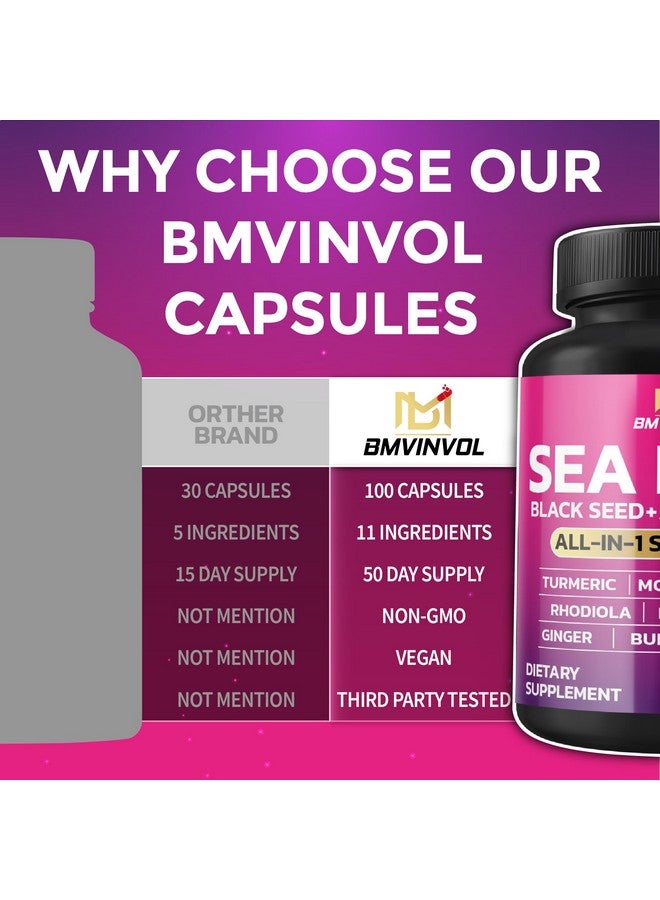 BMVINVOL BMVINVOL Sea Moss Black Seed Shilajit Ashwagandha + Bladderwrack, Ginger, Moringa, Turmeric, Burdock, Ginseng, Rhodiola Rosea - 100 Capsules - Image 5
