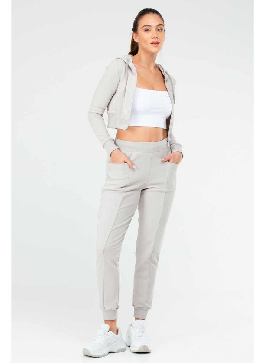 Tekno Trust Regular Gray Regular Fit Plain Hooded Full Length Zippered Women's Crop Tracksuit Set Gray Standard Knitted  - Image 5