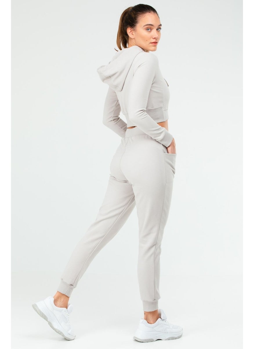 Tekno Trust Regular Gray Regular Fit Plain Hooded Full Length Zippered Women's Crop Tracksuit Set Gray Standard Knitted  - Image 4