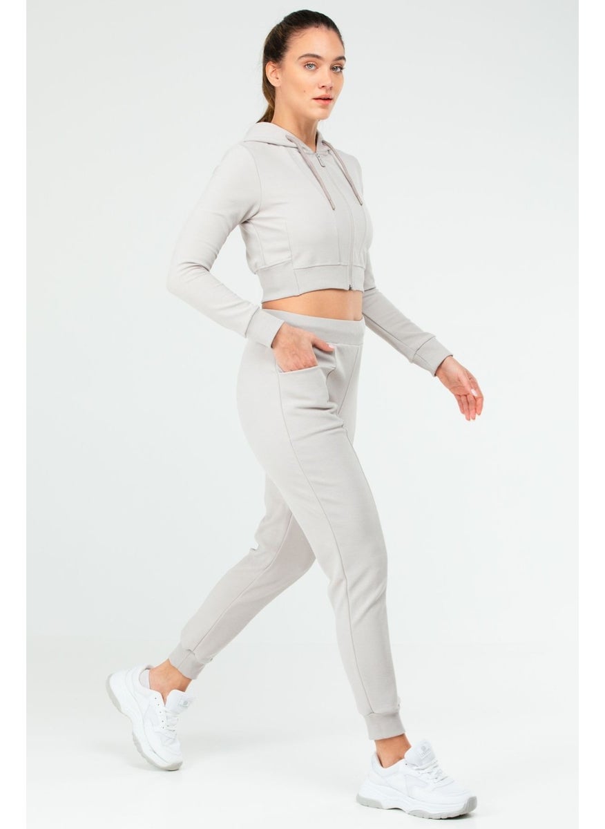 Tekno Trust Regular Gray Regular Fit Plain Hooded Full Length Zippered Women's Crop Tracksuit Set Gray Standard Knitted  - Image 2