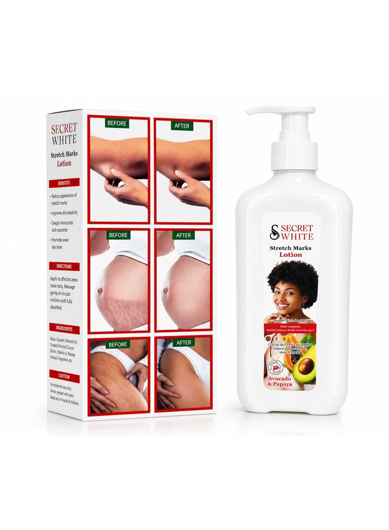 Secret White Stretch Marks Lotion with Avocado & Papaya for Skin Elasticity, 500ml - Image 1