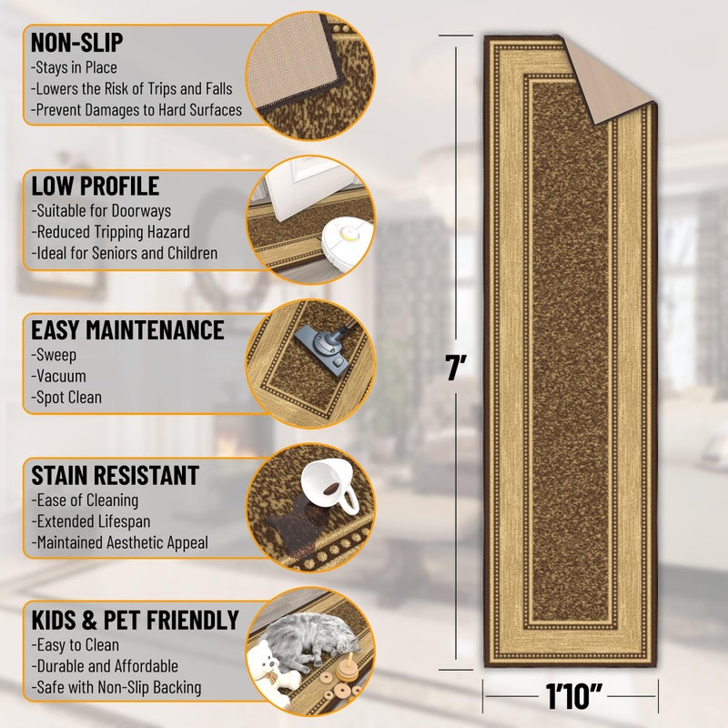 Ottomanson Hallway Runner Rug 1'10" x 7' Non Slip Border Area Rugs Easy to Clean Laundry Rug Runner Durable & Pet Friendly Floor Carpet Runners for Hallways Entryway Living Room Kitchen, Brown - Image 2