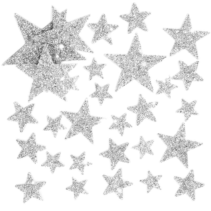 TORC 32Pcs Iron On Glitter Star Patches  Silver Rhinestone No Sew Appliques for Hats Clothing DIY Crafts Girly Fashion Accessories for Jeans Shirts Jackets Bulk Iron On Patches Mixed Sizes