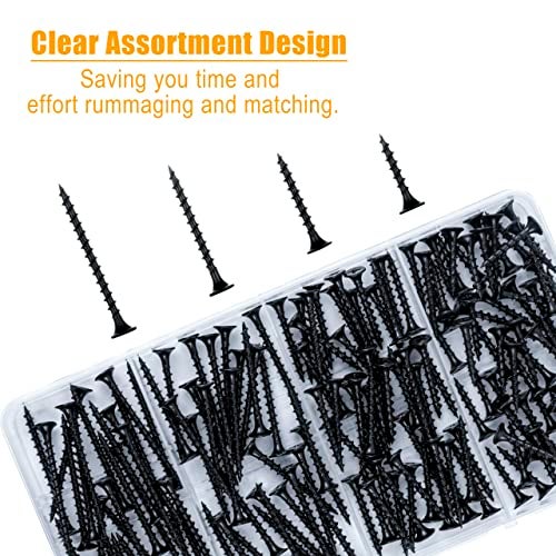 KURUI Drywall Screws Assortment Kit, #6 Black Wood Screws for Sheetrock,165pcs Picture Hanging Kit for Frame Painting Art Photo, Phillips Coarse Dry Wall Screw 4 Sizes 1",1-1/4",1-5/8",2" - Image 2