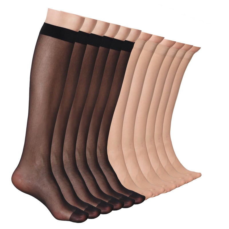 ZIHUA 12 Pairs Knee High Stockings for Women, 20 Denier Sheer Nylon Socks for Women(6Black6Nude,One Size) - Image 1