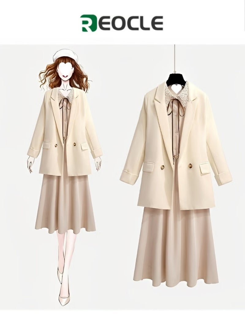 REOCLE Blazer and Dress Ruffle Dress Women's Long-sleeved Temperament French Early Autumn Suit Two-piece Set  - Image 1