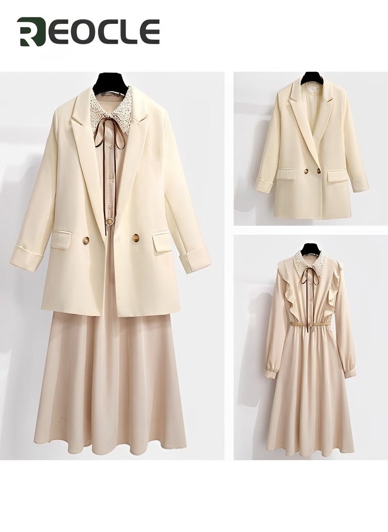 REOCLE Blazer and Dress Ruffle Dress Women's Long-sleeved Temperament French Early Autumn Suit Two-piece Set  - Image 2