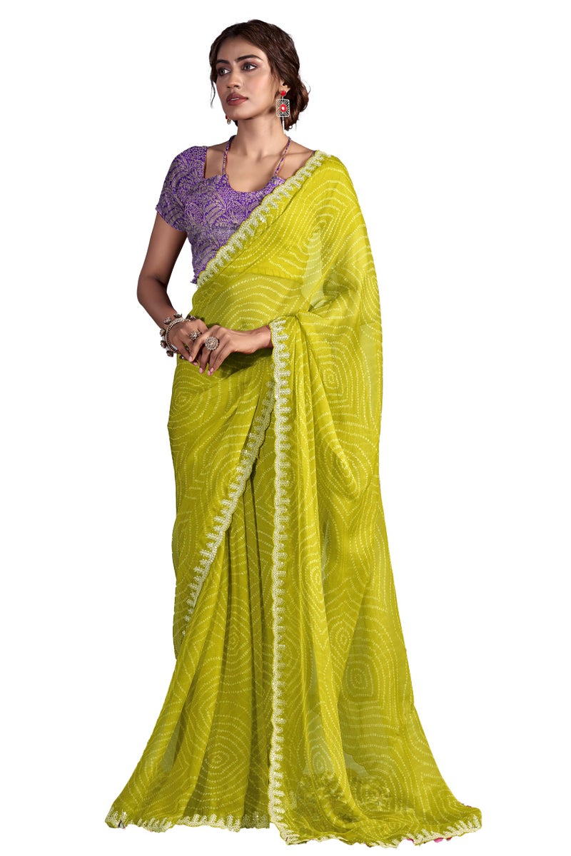 NK Textiles Women's Bandhani & Zig Zag Leheriya Print with Embroidery Work Border Chiffon Saree with Fancy Woven Blouse (18 DESIGN), Multicolour - Image 5