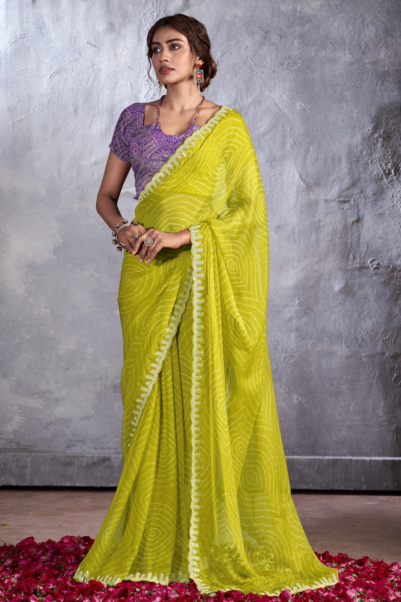 NK Textiles Women's Bandhani & Zig Zag Leheriya Print with Embroidery Work Border Chiffon Saree with Fancy Woven Blouse (18 DESIGN), Multicolour - Image 3