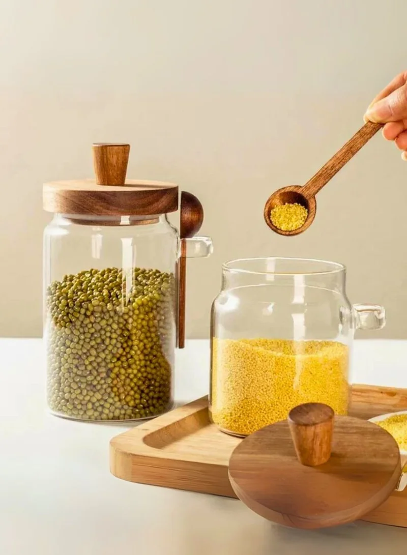 1Chase Glass Storage Jar with Acacia Wooden Lid &amp; Spoon – Airtight Food Container for Coffee, Tea, Sugar, Spices &amp; Dry Foods – 400ml / 600ml / 800ml Kitchen Canister
