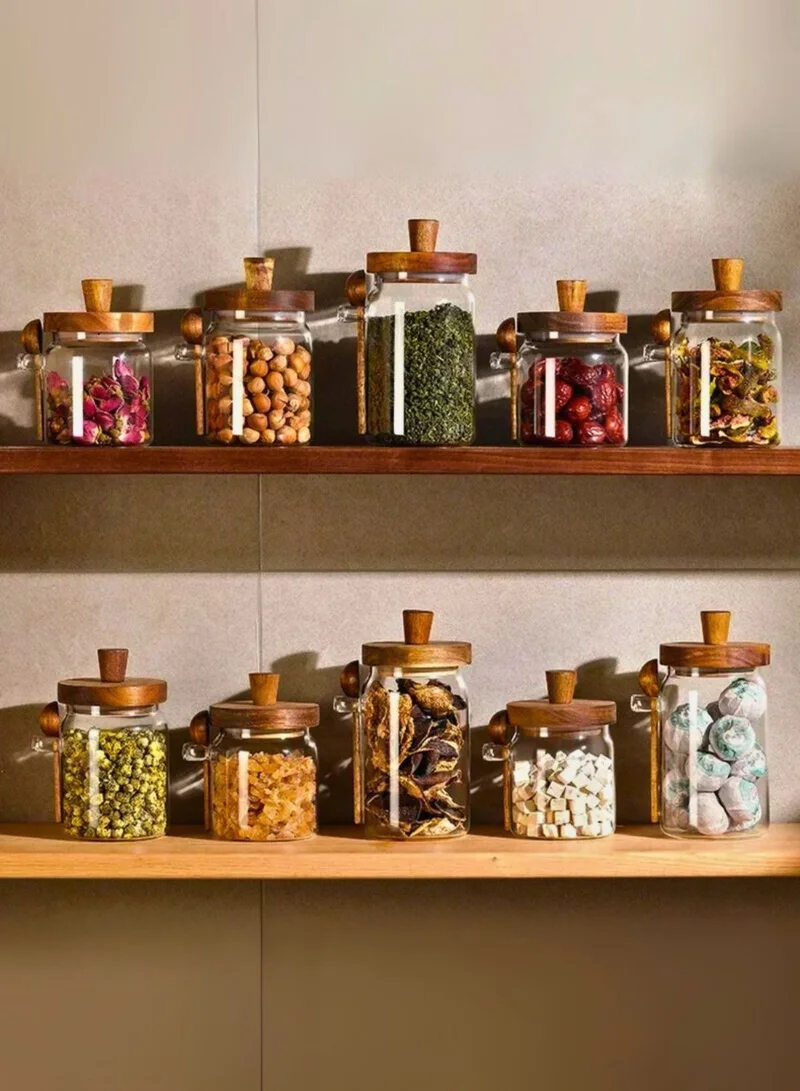 1Chase Glass Storage Jar with Acacia Wooden Lid &amp; Spoon – Airtight Food Container for Coffee, Tea, Sugar, Spices &amp; Dry Foods – 400ml / 600ml / 800ml Kitchen Canister
