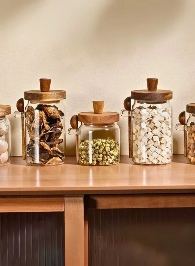1Chase Glass Storage Jar with Acacia Wooden Lid &amp; Spoon – Airtight Food Container for Coffee, Tea, Sugar, Spices &amp; Dry Foods – 400ml / 600ml / 800ml Kitchen Canister