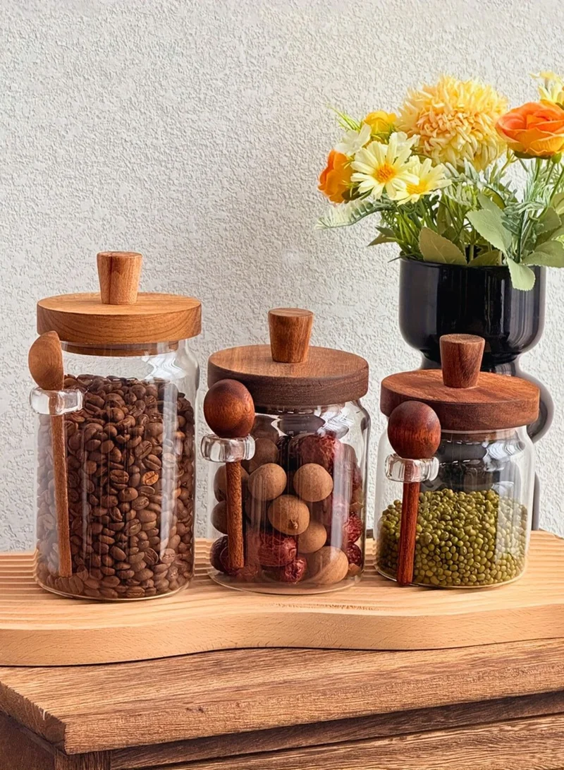1Chase Glass Storage Jar with Acacia Wooden Lid &amp; Spoon – Airtight Food Container for Coffee, Tea, Sugar, Spices &amp; Dry Foods – 400ml / 600ml / 800ml Kitchen Canister