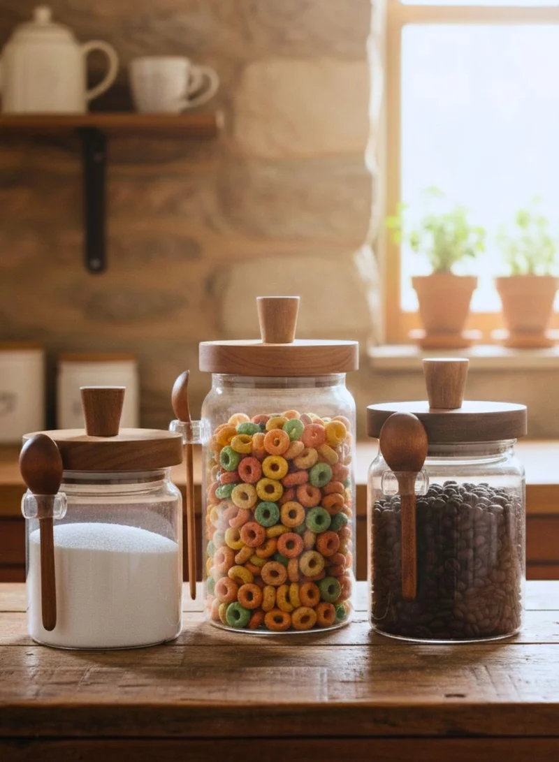 1Chase Glass Storage Jar with Acacia Wooden Lid &amp; Spoon – Airtight Food Container for Coffee, Tea, Sugar, Spices &amp; Dry Foods – 400ml / 600ml / 800ml Kitchen Canister