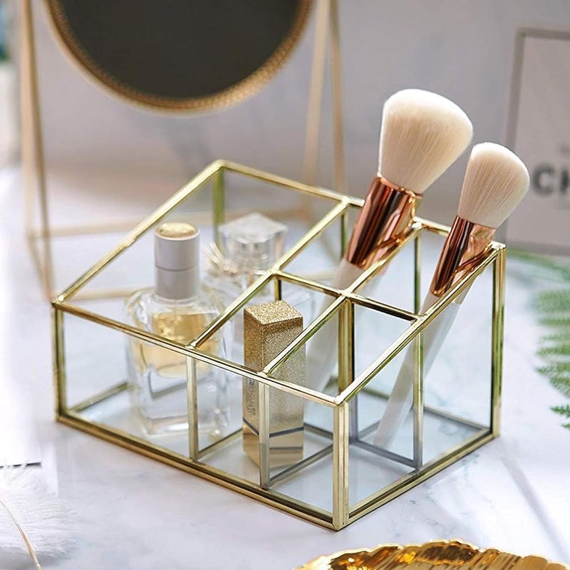 PuTwo Makeup Organizer Vintage 5 Compartments Glass & Metal Cosmetic Organizer Brass Makeup Storage for Makeup Brushes Perfume Lipsticks Nail Polish Makeup Holder for Dresser Vanity Countertop - Gold - Image 3