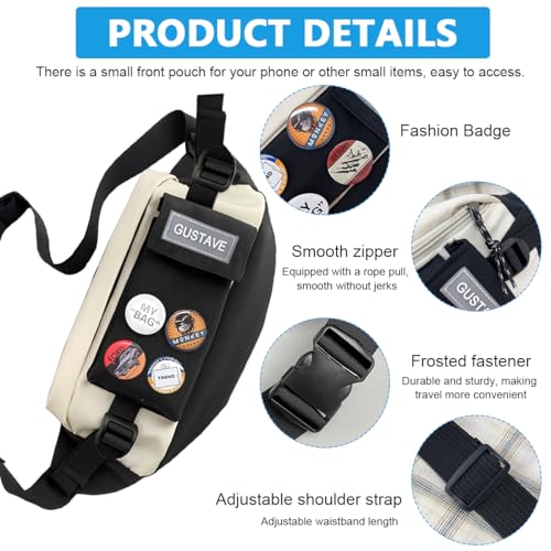 GUSTAVE® Waist Bags for Men Women with 4 Badges for decoration and Adjustable Strap, Waterproof Sling Bag Creative Stylish Sport Chest Bag Waist Pack for Hiking Travel Camping Running Sports - Image 2