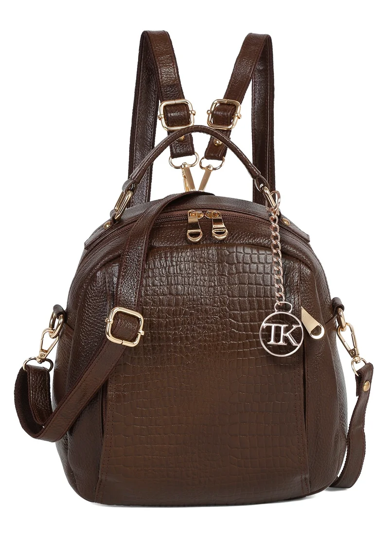 TEAKWOOD Women Genuine Leather Brown Croco Print Backpack