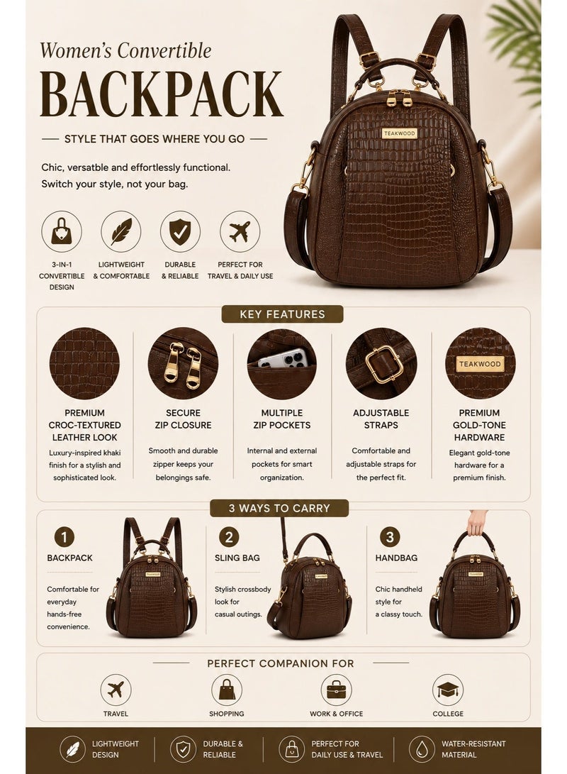 Teakwood Women’s Convertible Backpack | Khaki Textured Leather Look Sling & Backpack | Mini Travel Bag | Multi-Compartment | Adjustable Straps | Lightweight Durable Design | Stylish for Daily Use & TravelTeakwood Women’s Convertible Backpack | Khaki Textured Leather Look Sling & Backpack | Mini Travel Bag | Multi-Compartment | Adjustable Straps | Lightweight Durable Design | Stylish for Daily Use & Travel - Image 2