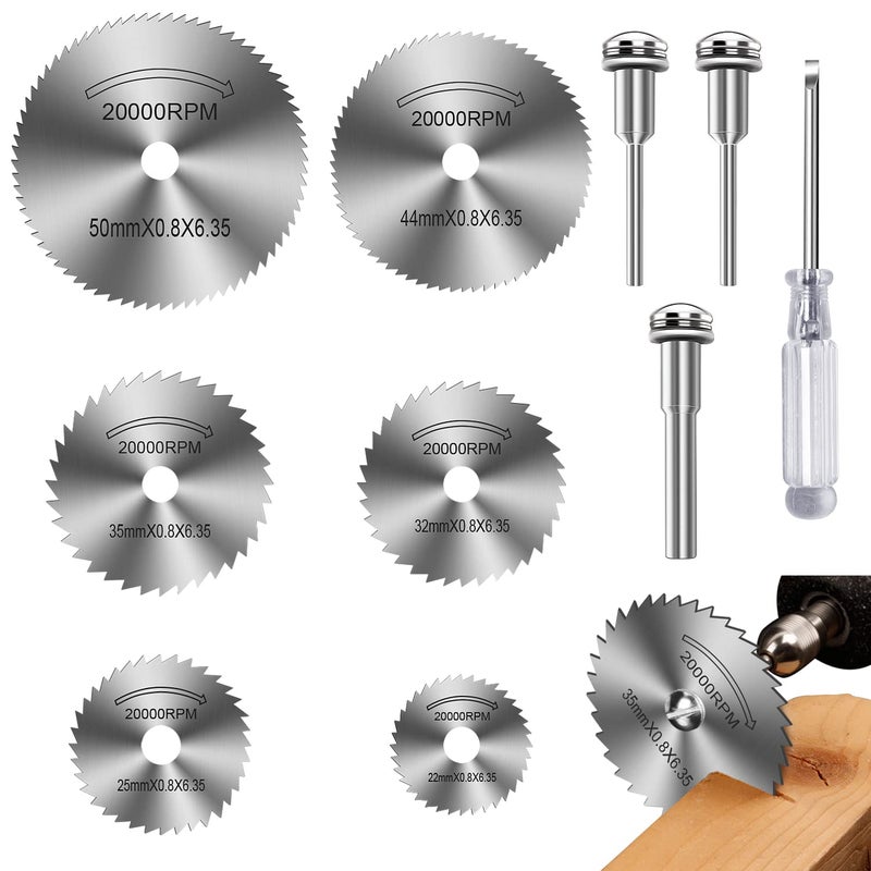 Drill Saw Blades for Dremel Rotary Tool 6Pcs HSS Saw Disc Wheel Cutting Blades with 2Pcs 18 Round Shank1Pcs 14 Round Shank for Wood Plastic Aluminum CuttingOne Screwdriver