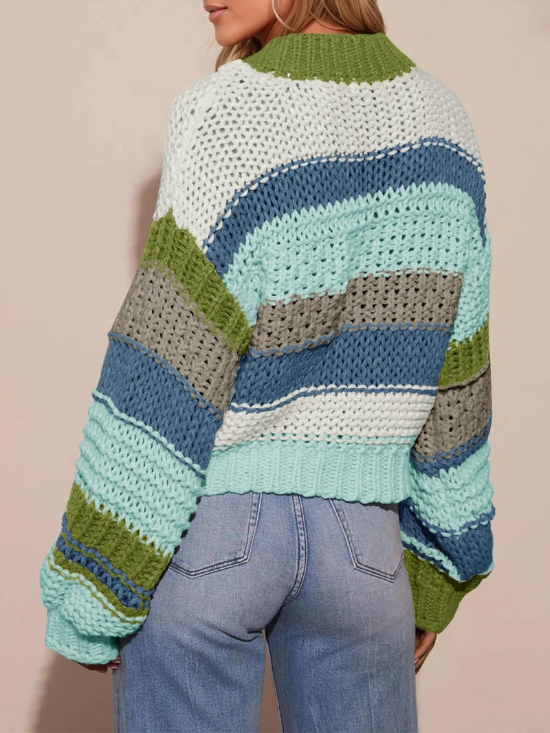 Saodimallsu Womens Striped Chunky Cardigan Sweaters Button Up Fall Trendy Color Block Long Sleeve Knit Sweater Coats Blue - Image 5