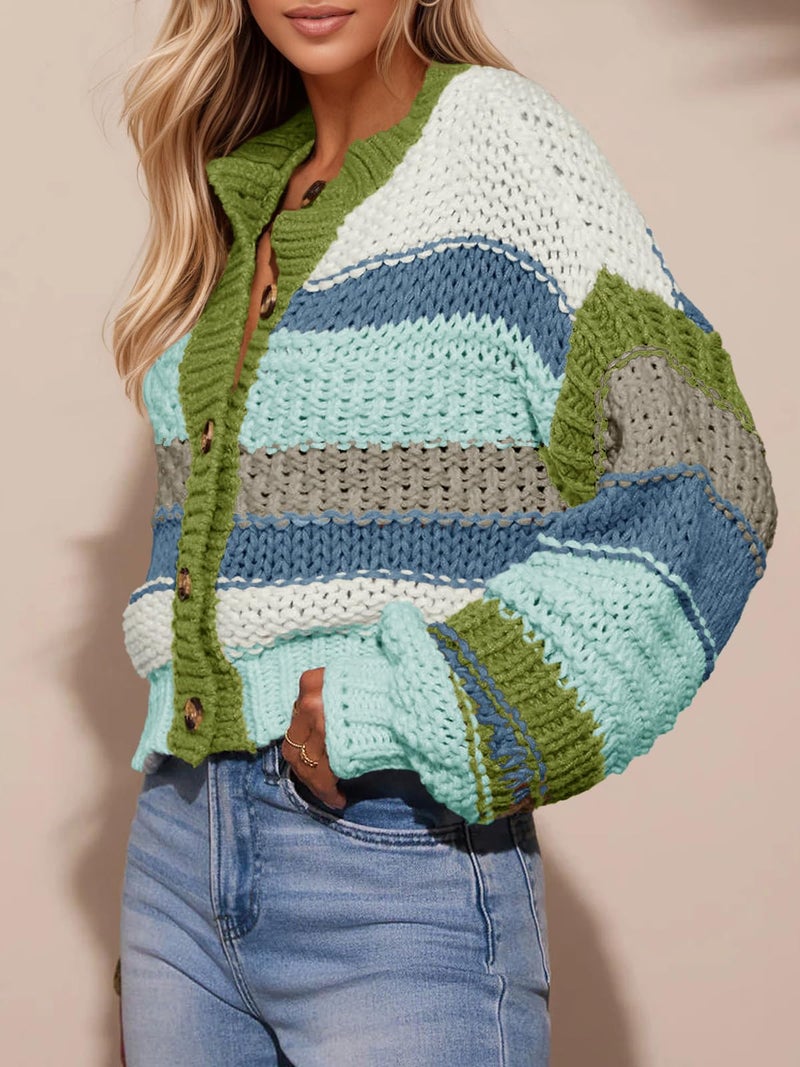 Saodimallsu Womens Striped Chunky Cardigan Sweaters Button Up Fall Trendy Color Block Long Sleeve Knit Sweater Coats Blue - Image 4
