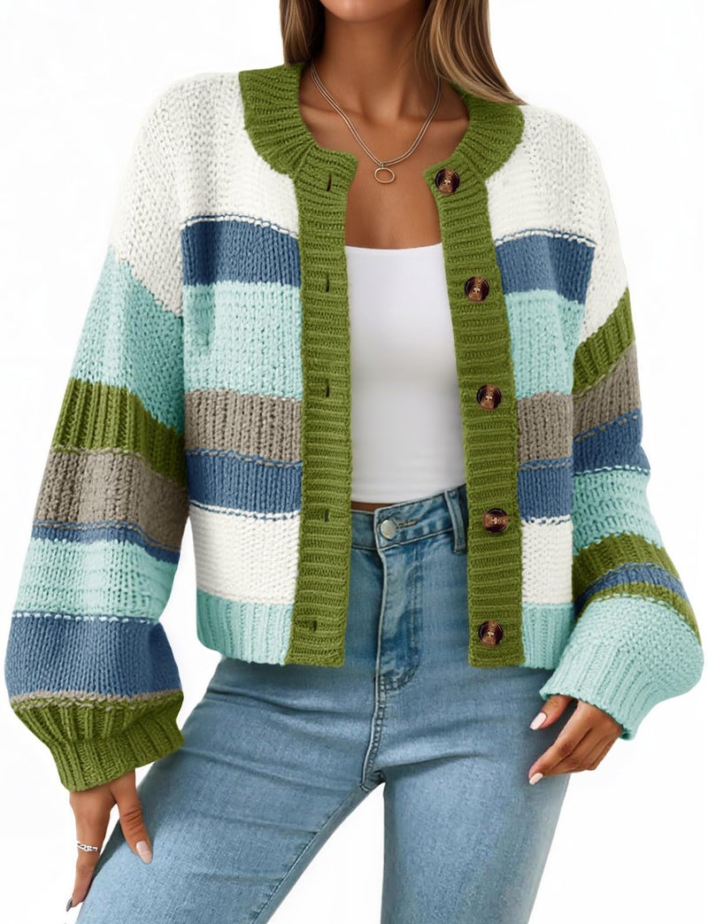 Saodimallsu Womens Striped Chunky Cardigan Sweaters Button Up Fall Trendy Color Block Long Sleeve Knit Sweater Coats Blue - Image 1