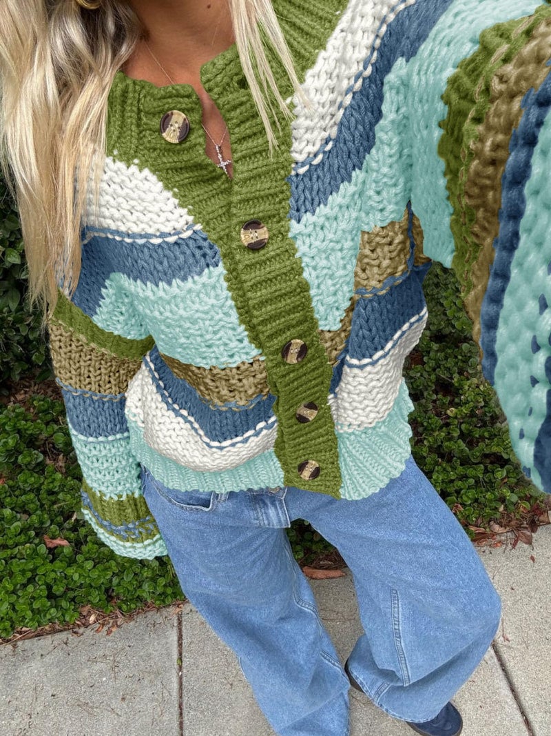 Saodimallsu Womens Striped Chunky Cardigan Sweaters Button Up Fall Trendy Color Block Long Sleeve Knit Sweater Coats Blue - Image 3