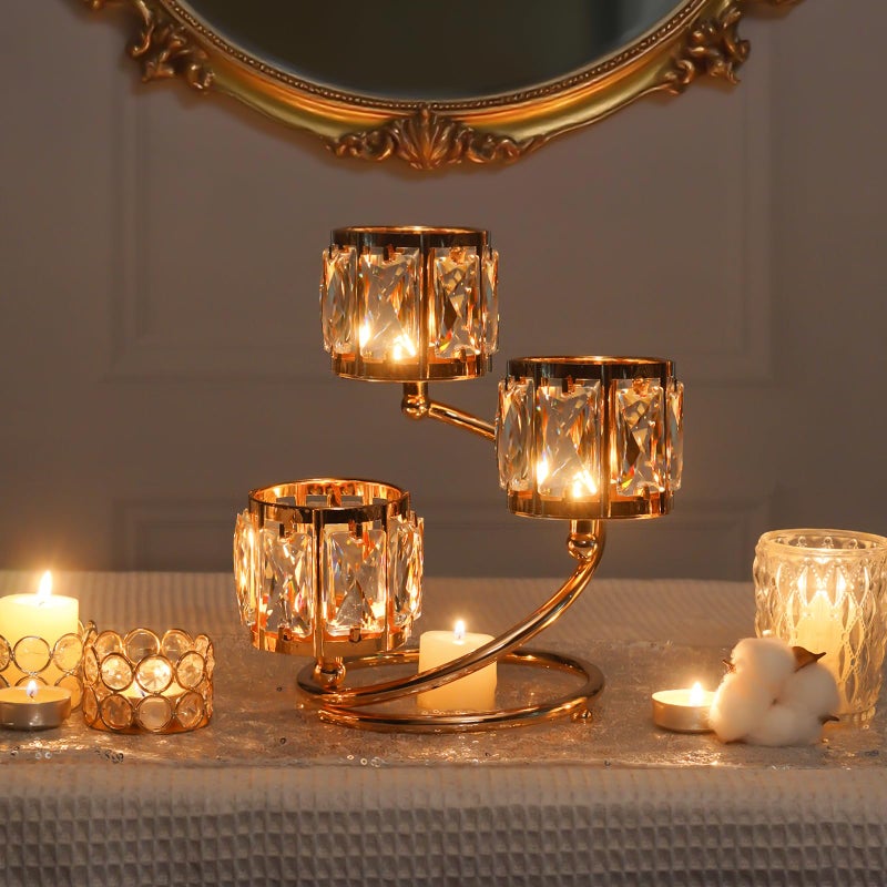 kolnlala Metal 3 Arm Crystal Candle Holder - Tea Light Centerpiece Candle Holder, Votive Holder with Sparkling Crystal Bowl, Suitable for Wedding, Table Centerpiece, Home Decor (1, 3 arm-Gold) - Image 1