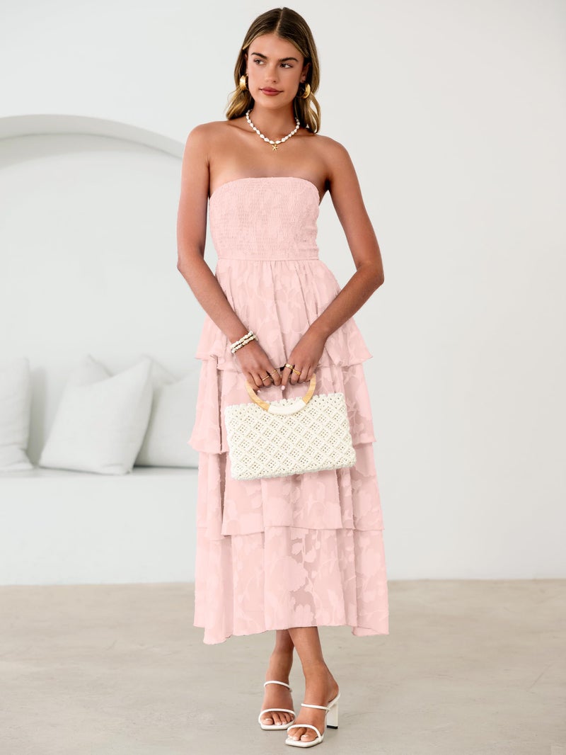 Simplee Womens Pink Wedding Guest Maxi Dress 2026 Strapless Boho Floral Spaghetti Strap High Waist Party Sexy Long Formal Layered Flowy Dress(Pink L) - Image 4