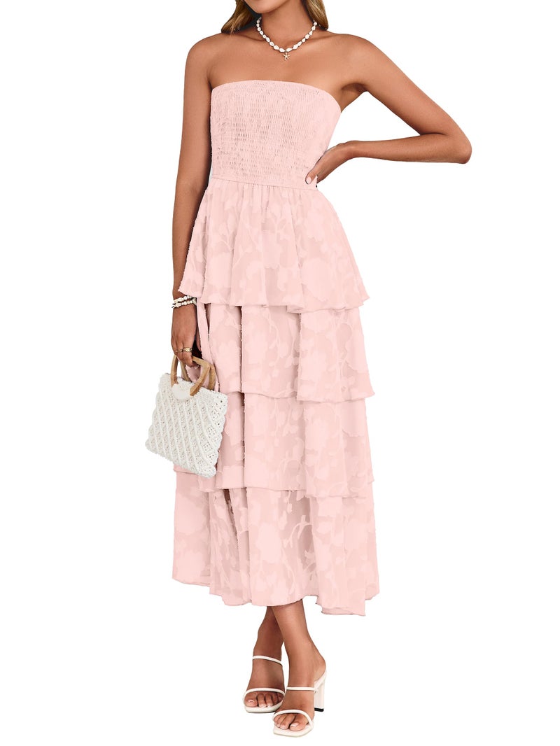 Simplee Womens Pink Wedding Guest Maxi Dress 2026 Strapless Boho Floral Spaghetti Strap High Waist Party Sexy Long Formal Layered Flowy Dress(Pink L) - Image 1